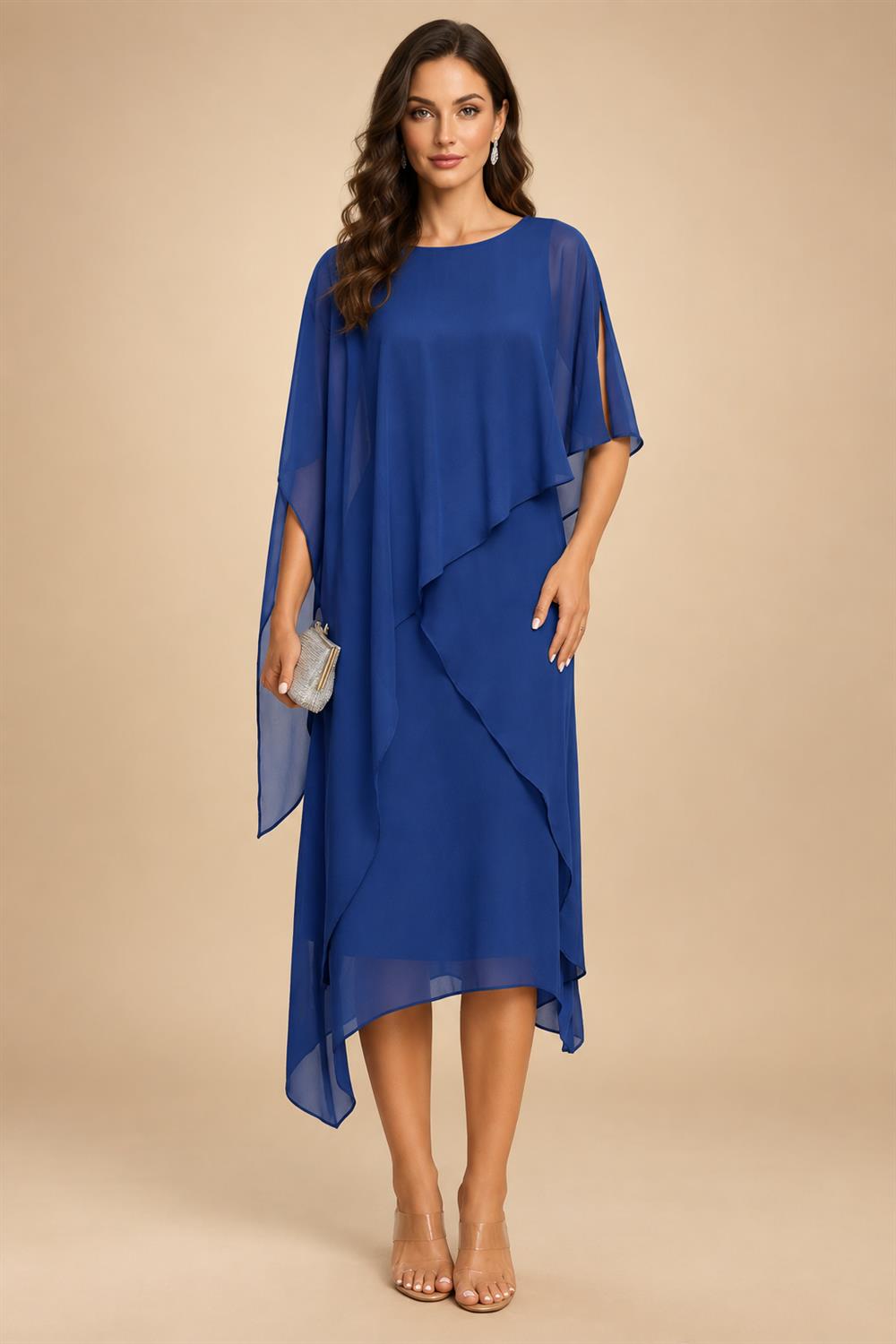 3/4 Sleeve Round Neck A-Line Midi Chiffon Mother of the Bride Dresses with Jacket (SHI22500386)