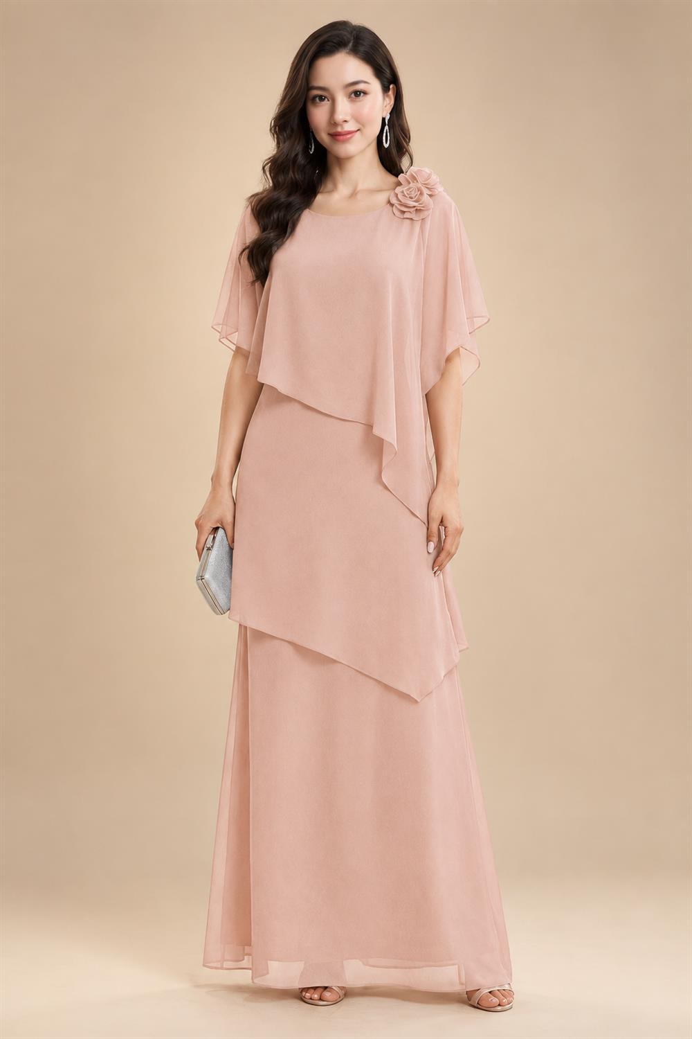A-Line Floor-Length Chiffon Cape Sleeves Mother of the Bride & Groom Dresses with Tiered Ruffles (SHI22500723)