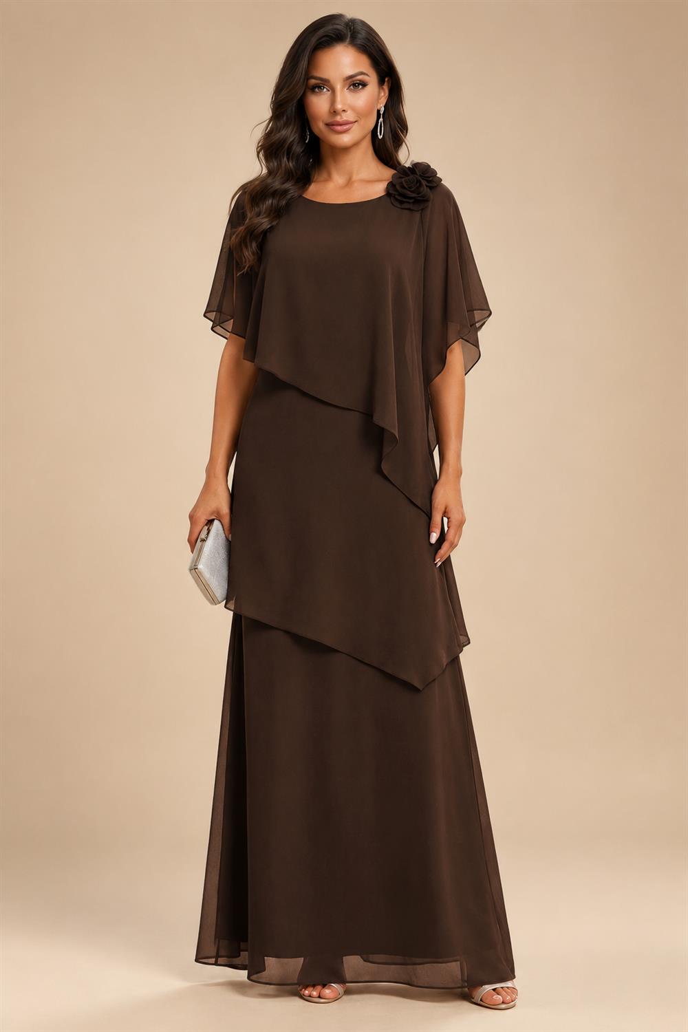 A-Line Floor-Length Chiffon Cape Sleeves Mother of the Bride & Groom Dresses with Tiered Ruffles (SHI22500723)