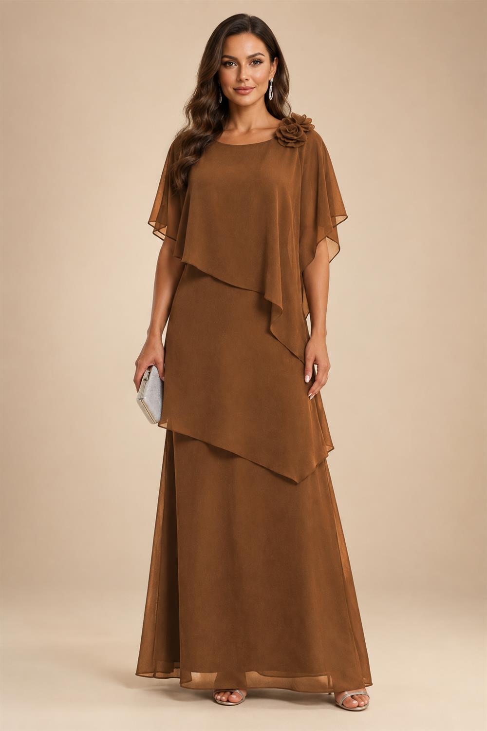 A-Line Floor-Length Chiffon Cape Sleeves Mother of the Bride & Groom Dresses with Tiered Ruffles (SHI22500723)
