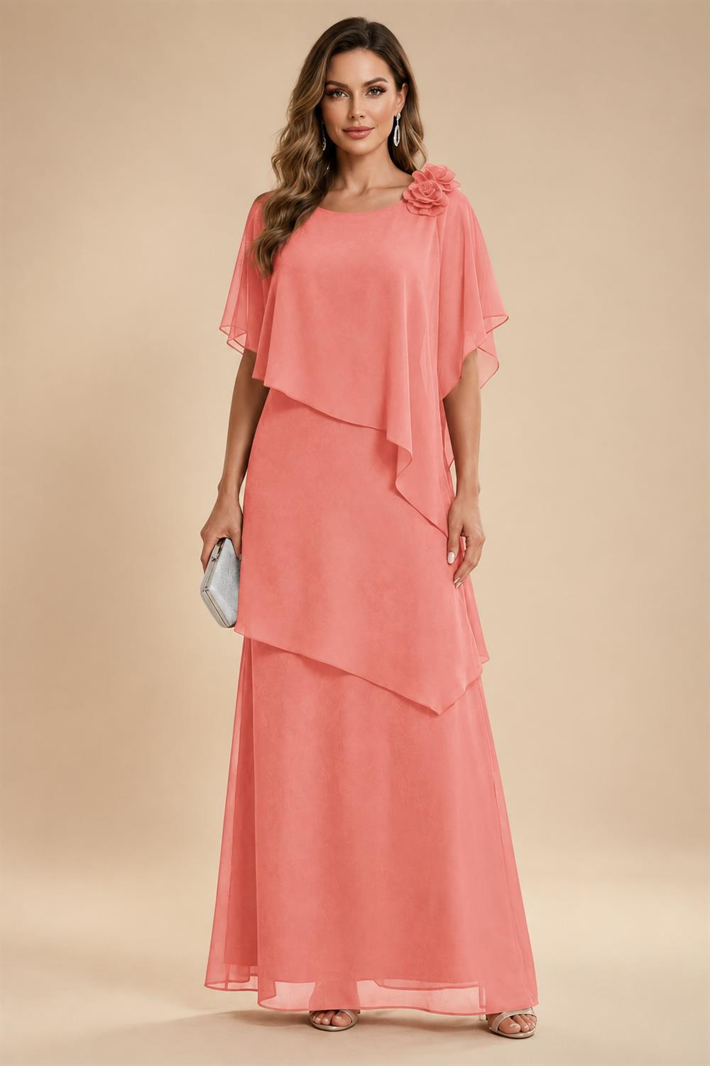 A-Line Floor-Length Chiffon Cape Sleeves Mother of the Bride & Groom Dresses with Tiered Ruffles (SHI22500723)