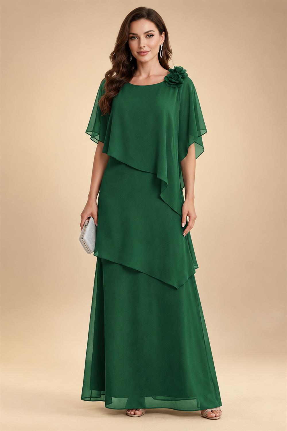 A-Line Floor-Length Chiffon Cape Sleeves Mother of the Bride & Groom Dresses with Tiered Ruffles (SHI22500723)
