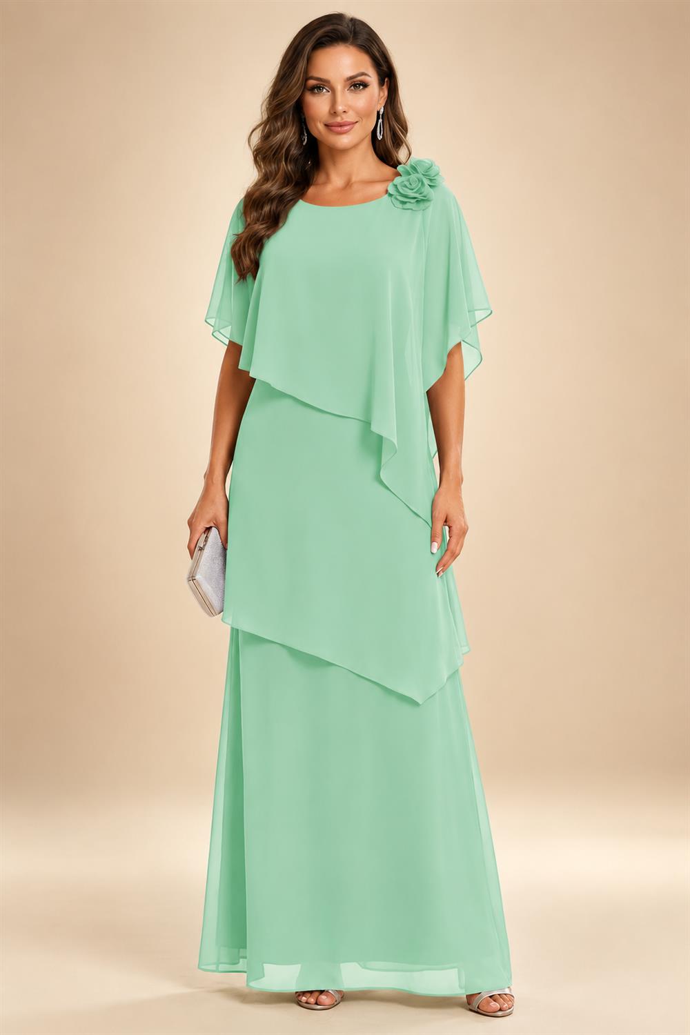 A-Line Floor-Length Chiffon Cape Sleeves Mother of the Bride & Groom Dresses with Tiered Ruffles (SHI22500723)