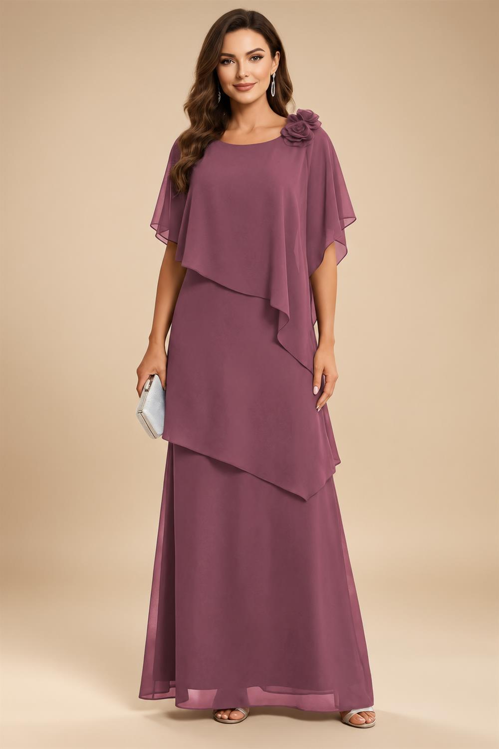 A-Line Floor-Length Chiffon Cape Sleeves Mother of the Bride & Groom Dresses with Tiered Ruffles (SHI22500723)