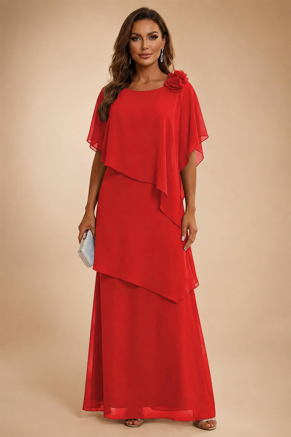 A-Line Floor-Length Chiffon Cape Sleeves Mother of the Bride & Groom Dresses with Tiered Ruffles (SHI22500723)