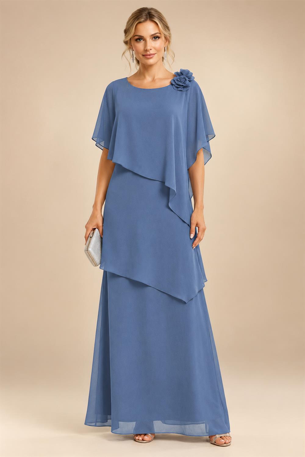A-Line Floor-Length Chiffon Cape Sleeves Mother of the Bride & Groom Dresses with Tiered Ruffles (SHI22500723)