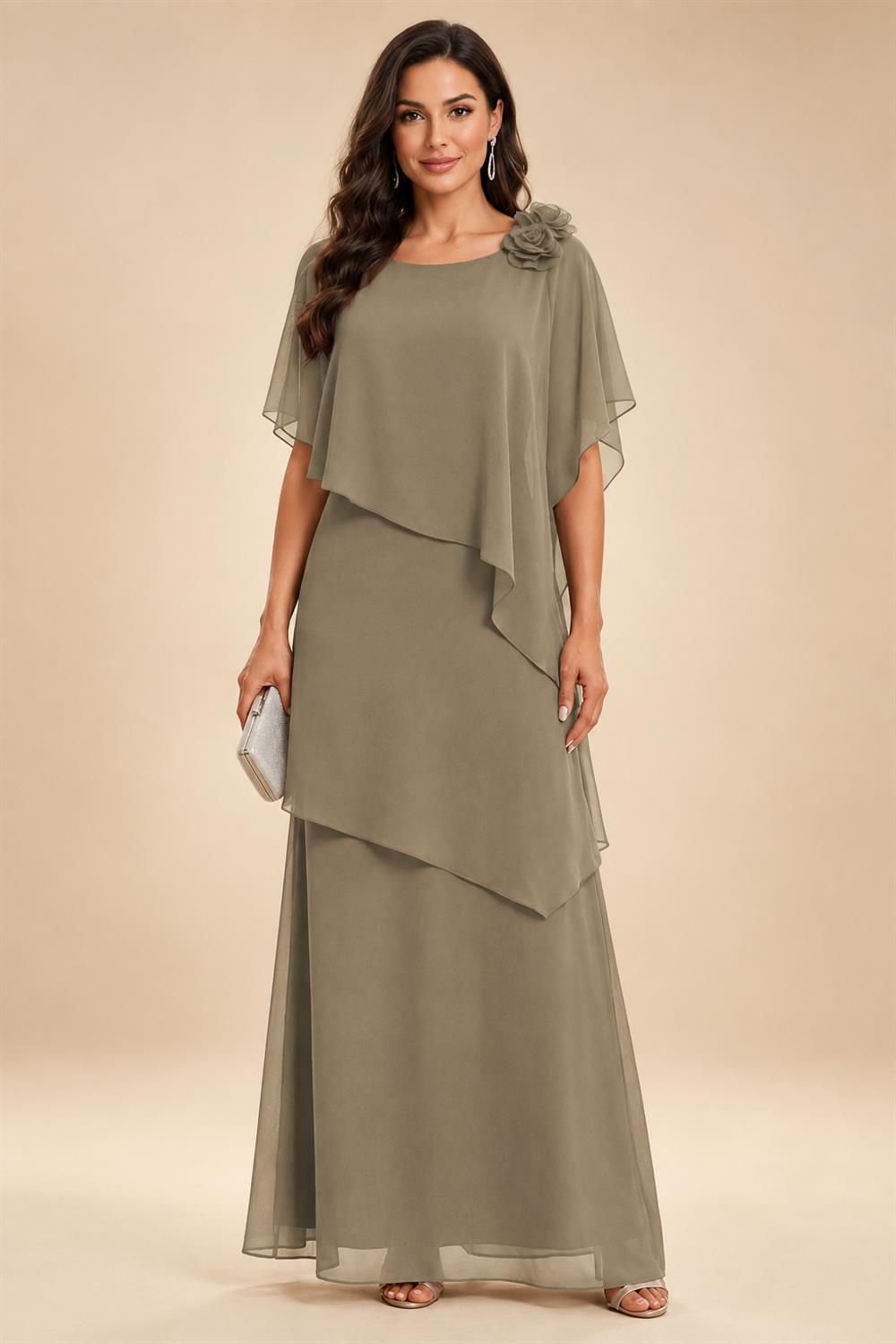 A-Line Floor-Length Chiffon Cape Sleeves Mother of the Bride & Groom Dresses with Tiered Ruffles (SHI22500723)