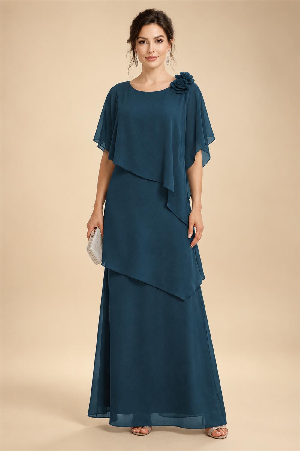 A-Line Floor-Length Chiffon Cape Sleeves Mother of the Bride & Groom Dresses with Tiered Ruffles (SHI22500723)
