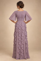 A-Line/Princess Scoop Neck Chiffon Maxi Mother of the Bride & Groom Dresses with Lace Appliques, Sweep Train & Pleats (SHI22501636)