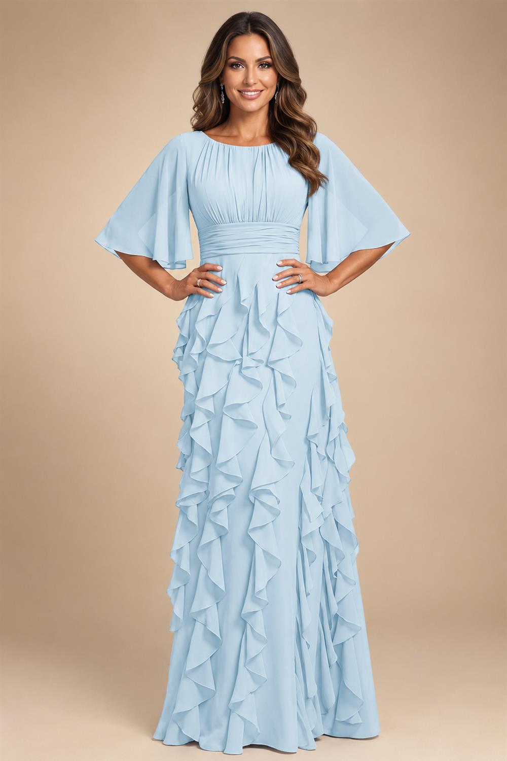 A-Line Chiffon Tiered Ruffles Mother of the Bride & Groom Dresses with Ruched Waist (SHI22500724)