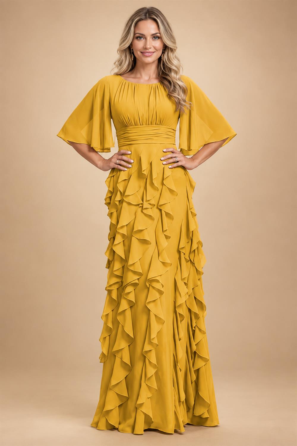 A-Line Chiffon Tiered Ruffles Mother of the Bride & Groom Dresses with Ruched Waist (SHI22500724)