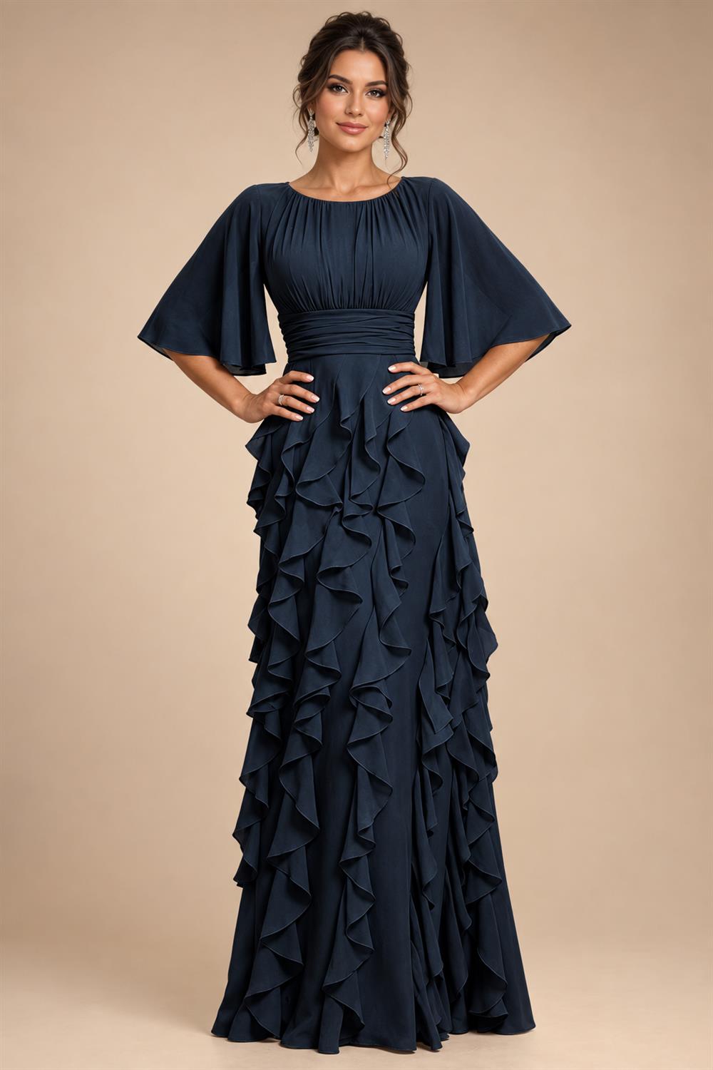 A-Line Chiffon Tiered Ruffles Mother of the Bride & Groom Dresses with Ruched Waist (SHI22500724)