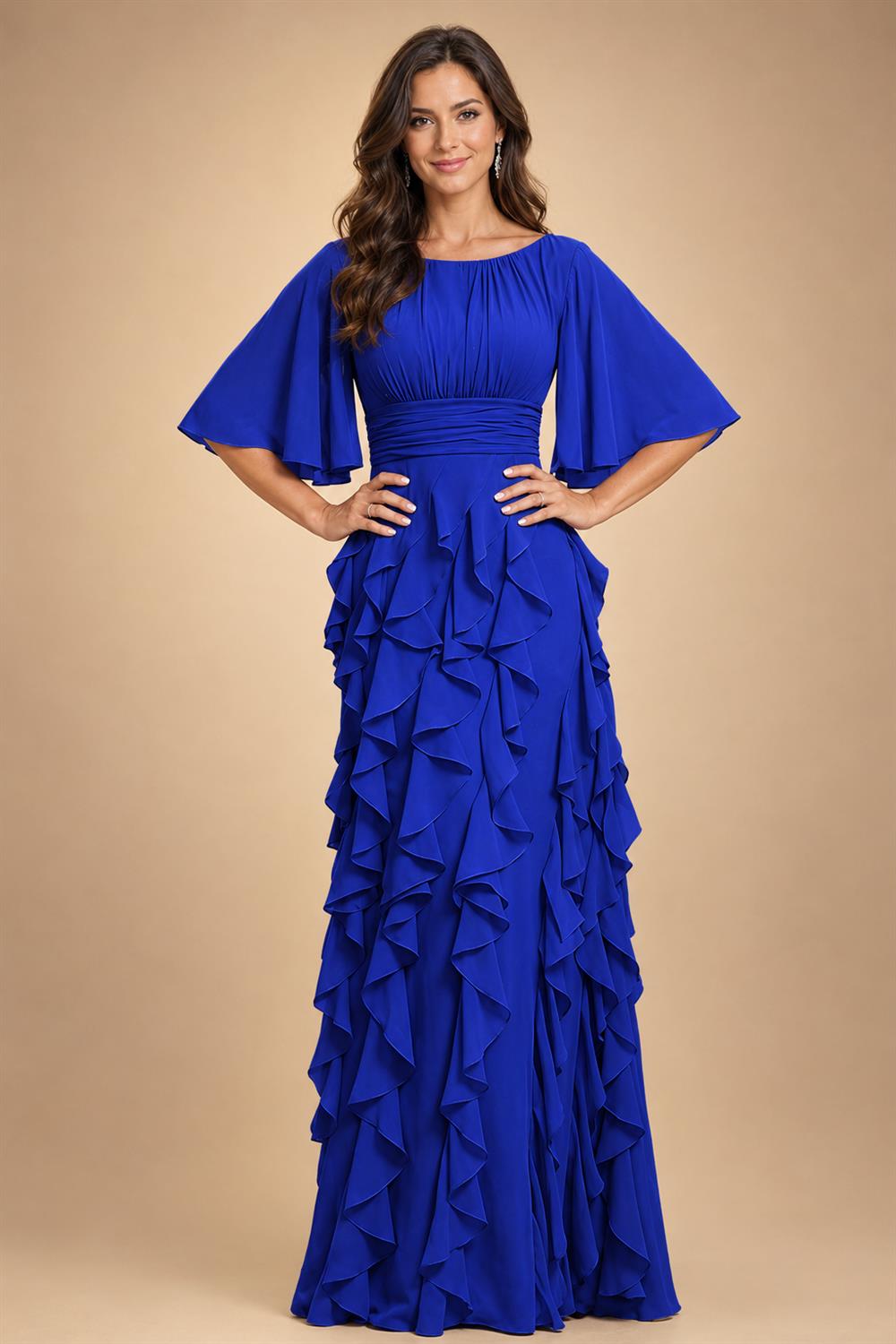 A-Line Chiffon Tiered Ruffles Mother of the Bride & Groom Dresses with Ruched Waist (SHI22500724)