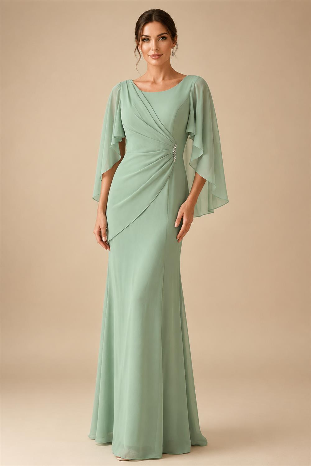 Sheath Chiffon Cape Sleeves Maxi Mother of the Bride & Groom Dresses with Ruched Waist (SHI22500727)