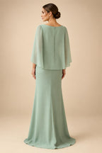 Sheath Chiffon Cape Sleeves Maxi Mother of the Bride & Groom Dresses with Ruched Waist (SHI22500727)