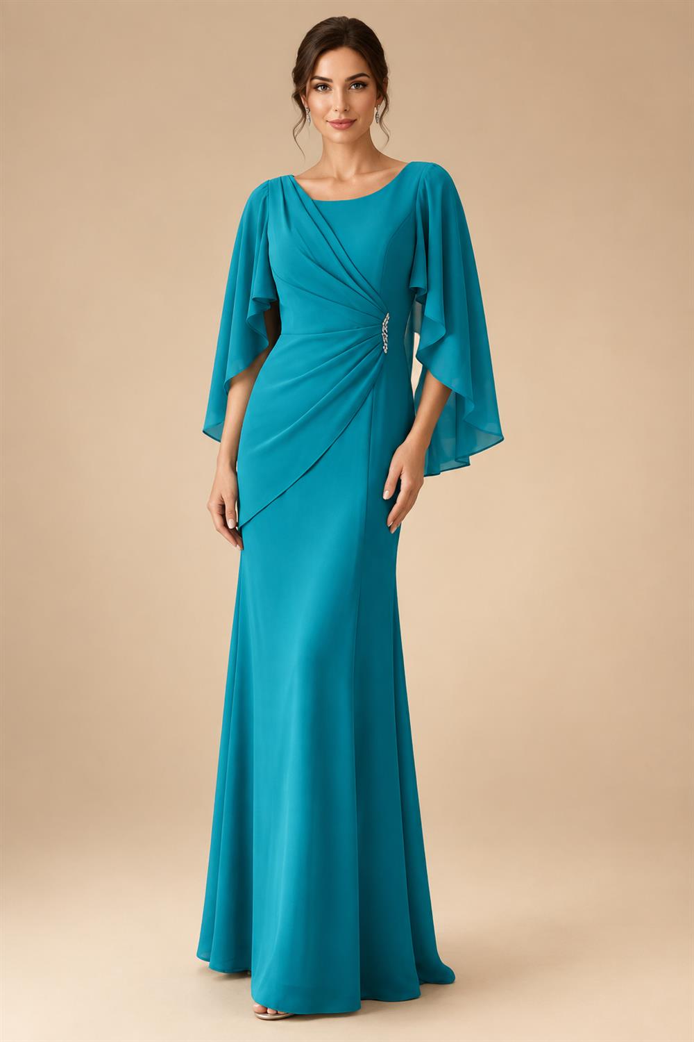Sheath Chiffon Cape Sleeves Maxi Mother of the Bride & Groom Dresses with Ruched Waist (SHI22500727)