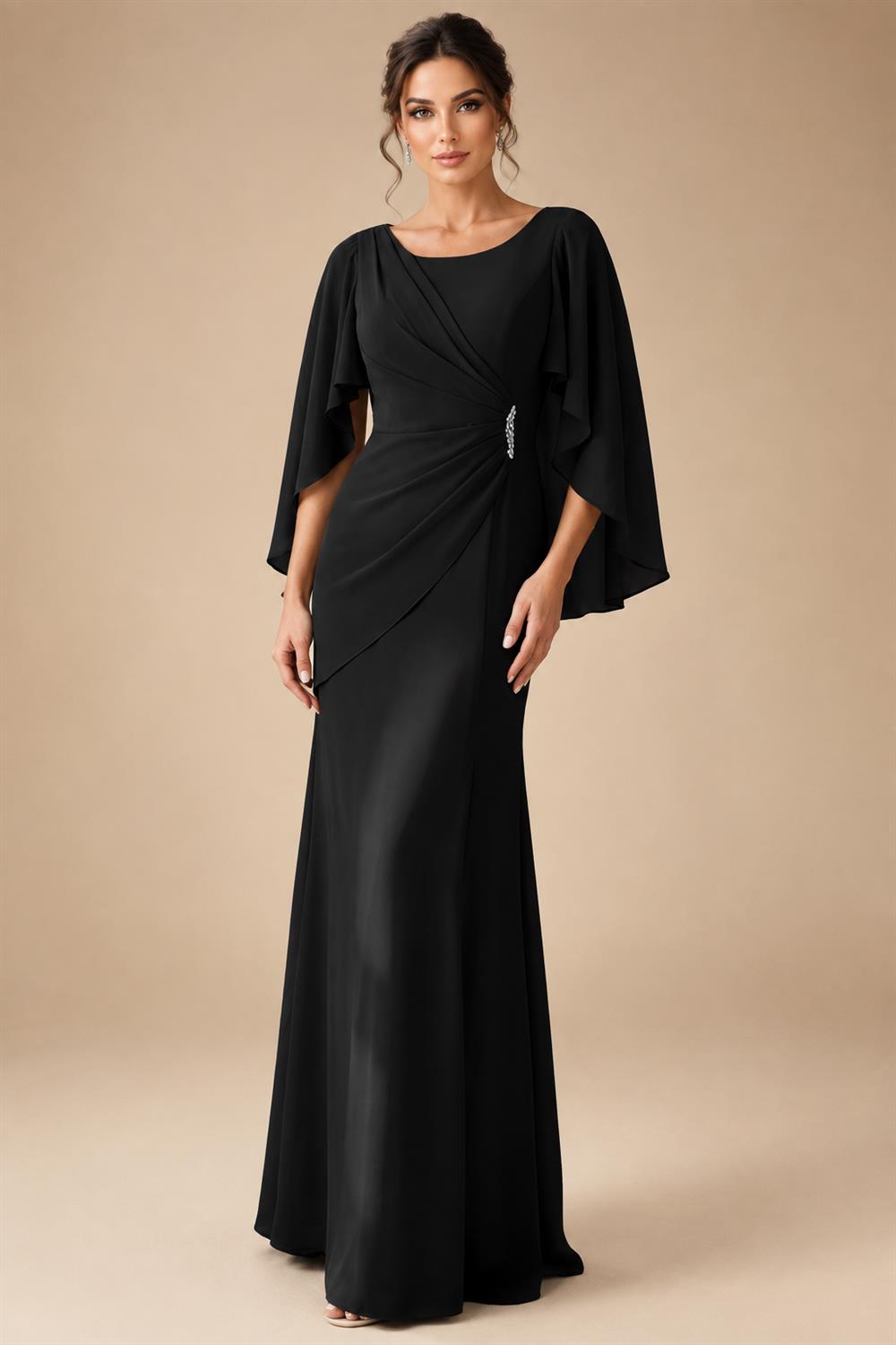 Sheath Chiffon Cape Sleeves Maxi Mother of the Bride & Groom Dresses with Ruched Waist (SHI22500727)