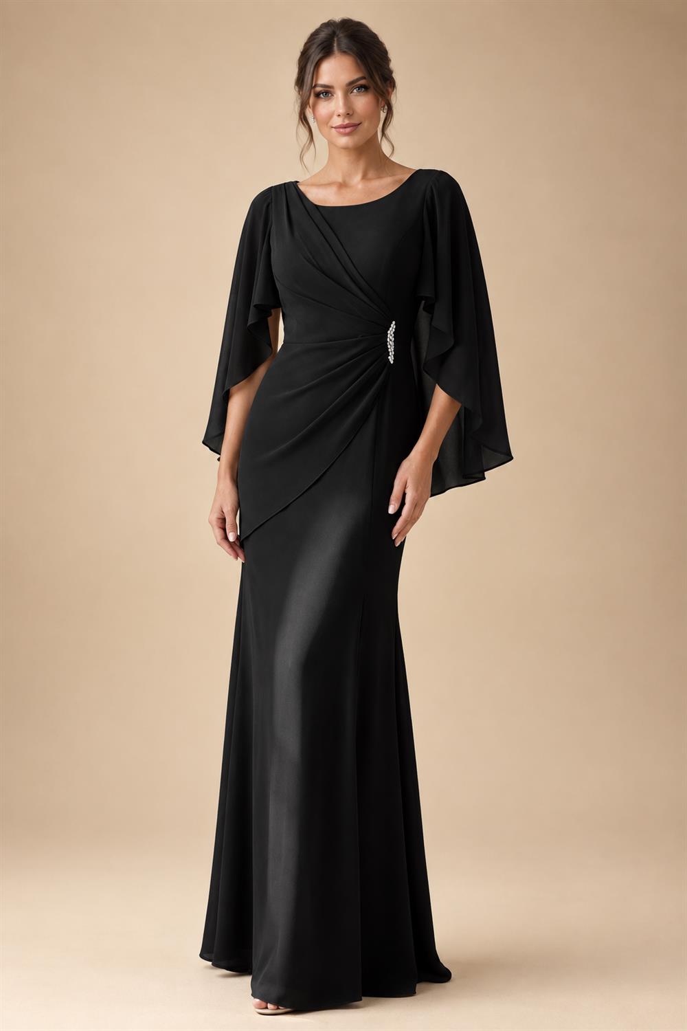 Sheath Chiffon Cape Sleeves Maxi Mother of the Bride & Groom Dresses with Ruched Waist (SHI22500727)