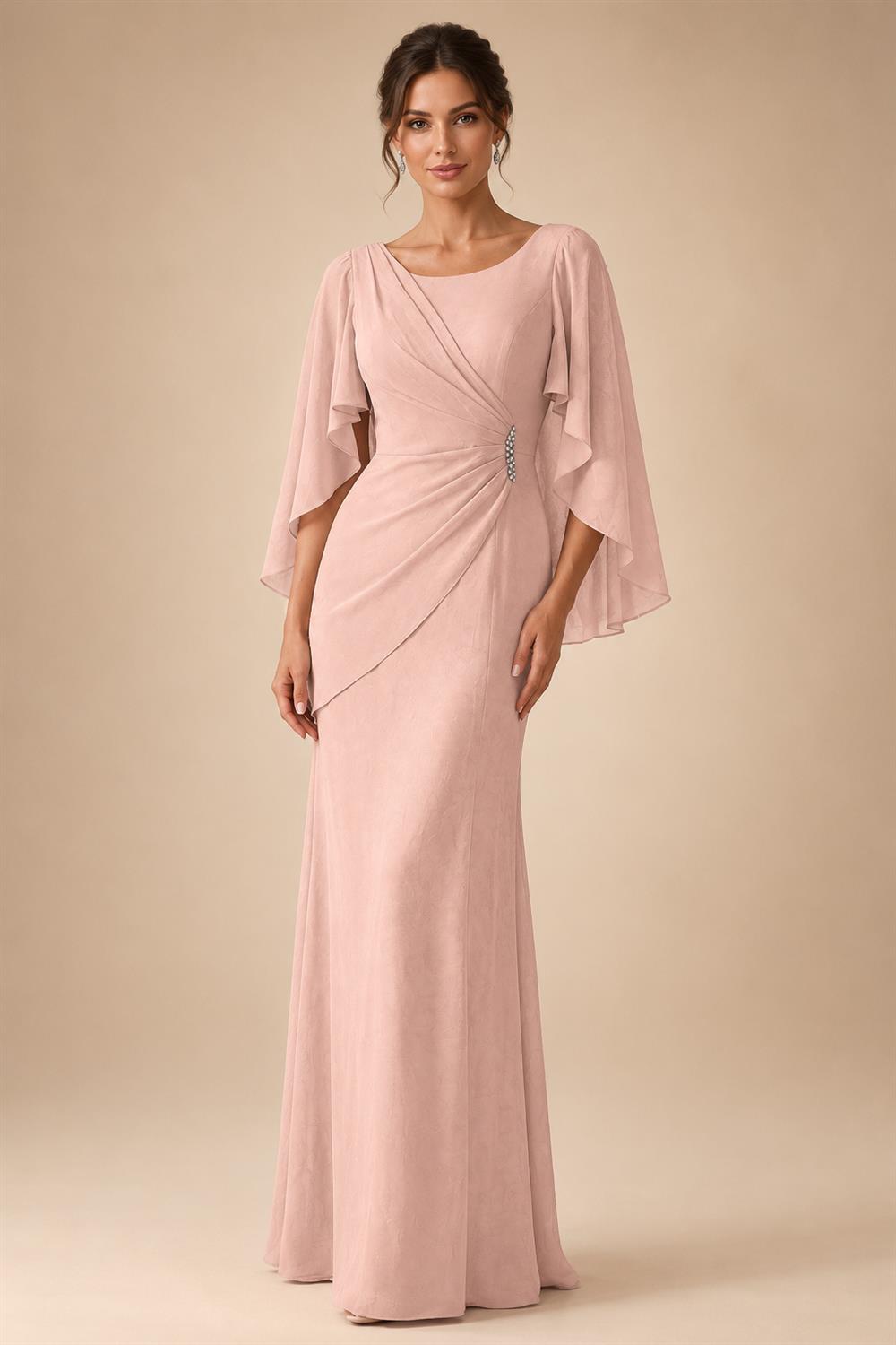 Sheath Chiffon Cape Sleeves Maxi Mother of the Bride & Groom Dresses with Ruched Waist (SHI22500727)