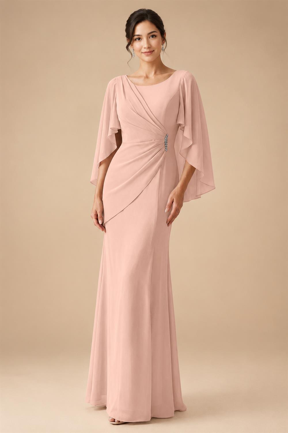 Sheath Chiffon Cape Sleeves Maxi Mother of the Bride & Groom Dresses with Ruched Waist (SHI22500727)