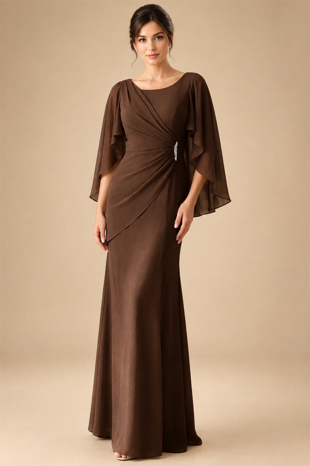 Sheath Chiffon Cape Sleeves Maxi Mother of the Bride & Groom Dresses with Ruched Waist (SHI22500727)