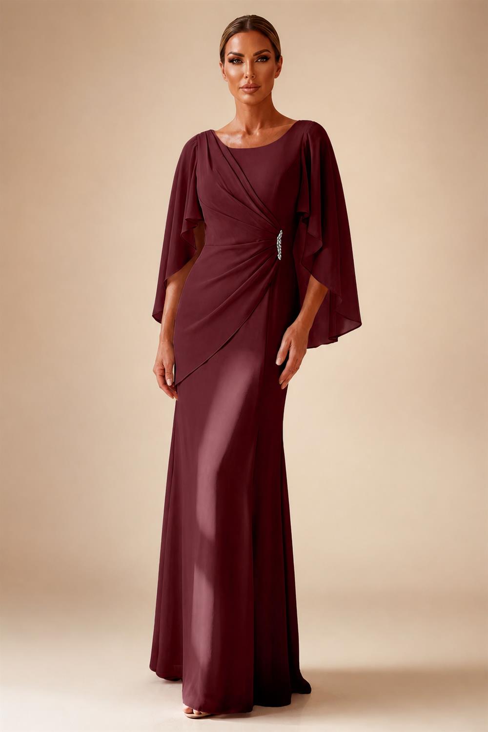 Sheath Chiffon Cape Sleeves Maxi Mother of the Bride & Groom Dresses with Ruched Waist (SHI22500727)