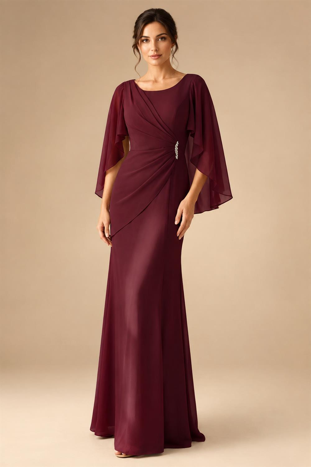 Sheath Chiffon Cape Sleeves Maxi Mother of the Bride & Groom Dresses with Ruched Waist (SHI22500727)
