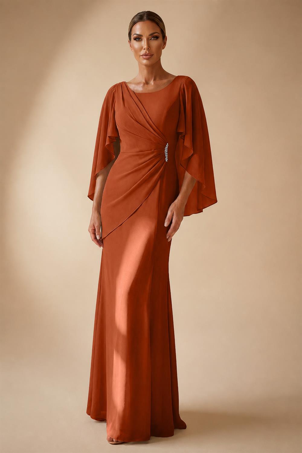 Sheath Chiffon Cape Sleeves Maxi Mother of the Bride & Groom Dresses with Ruched Waist (SHI22500727)