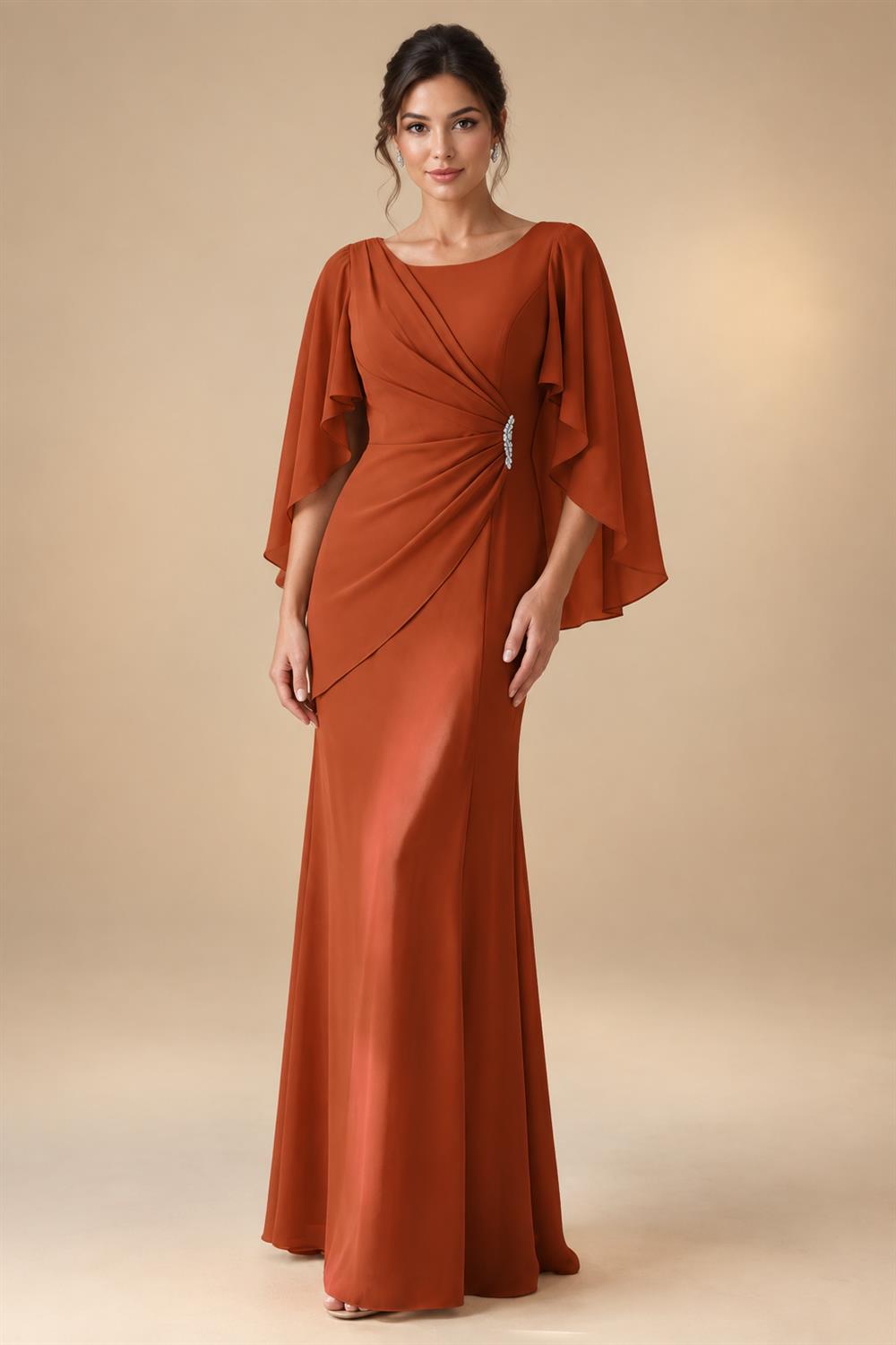 Sheath Chiffon Cape Sleeves Maxi Mother of the Bride & Groom Dresses with Ruched Waist (SHI22500727)