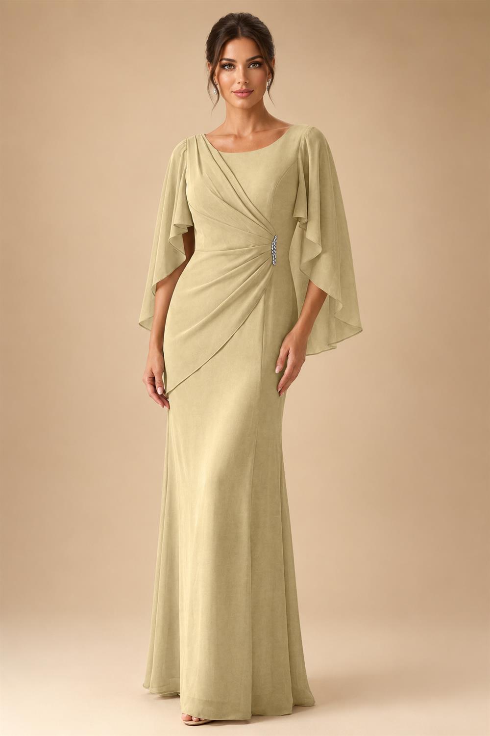 Sheath Chiffon Cape Sleeves Maxi Mother of the Bride & Groom Dresses with Ruched Waist (SHI22500727)
