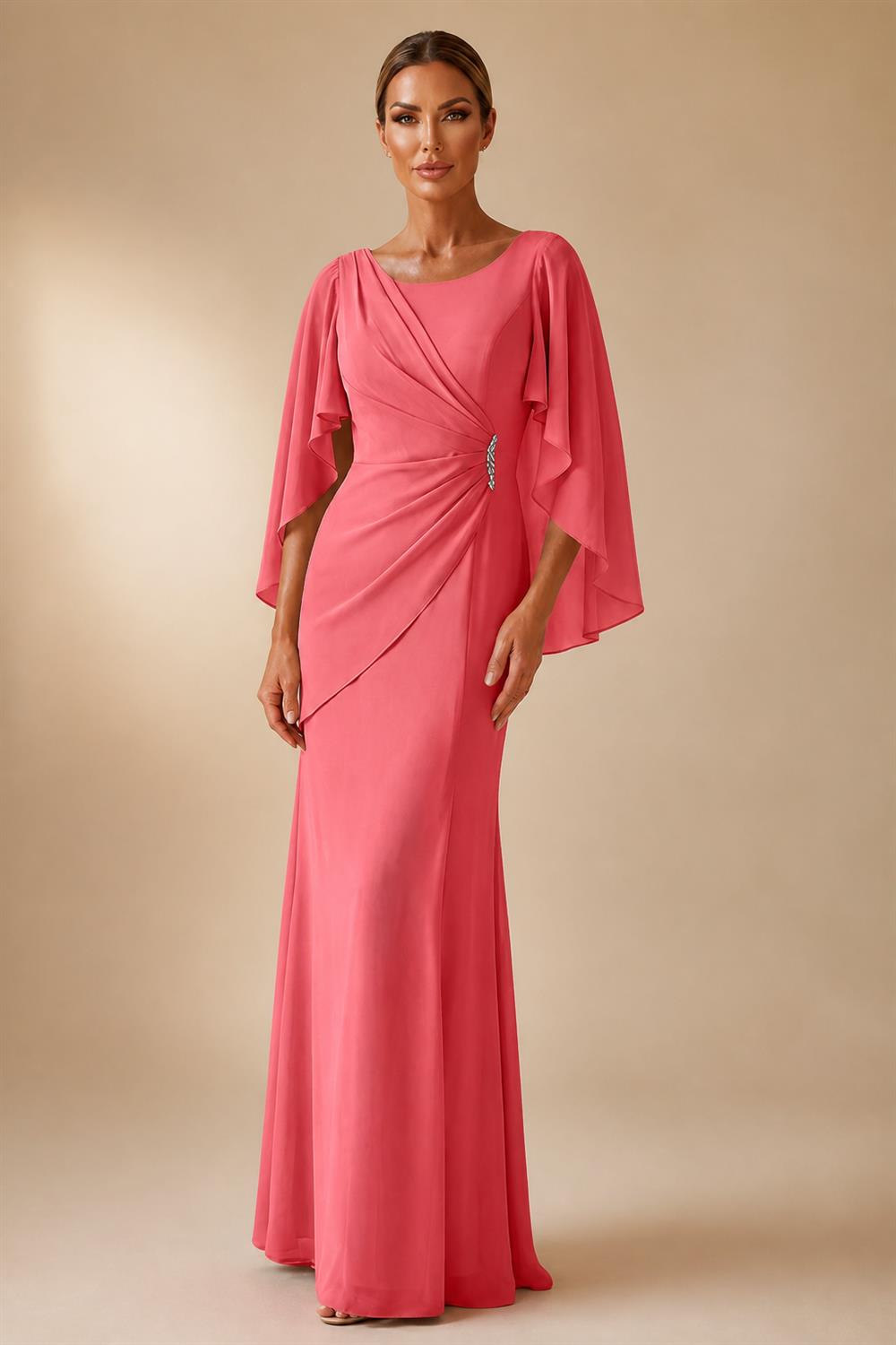 Sheath Chiffon Cape Sleeves Maxi Mother of the Bride & Groom Dresses with Ruched Waist (SHI22500727)