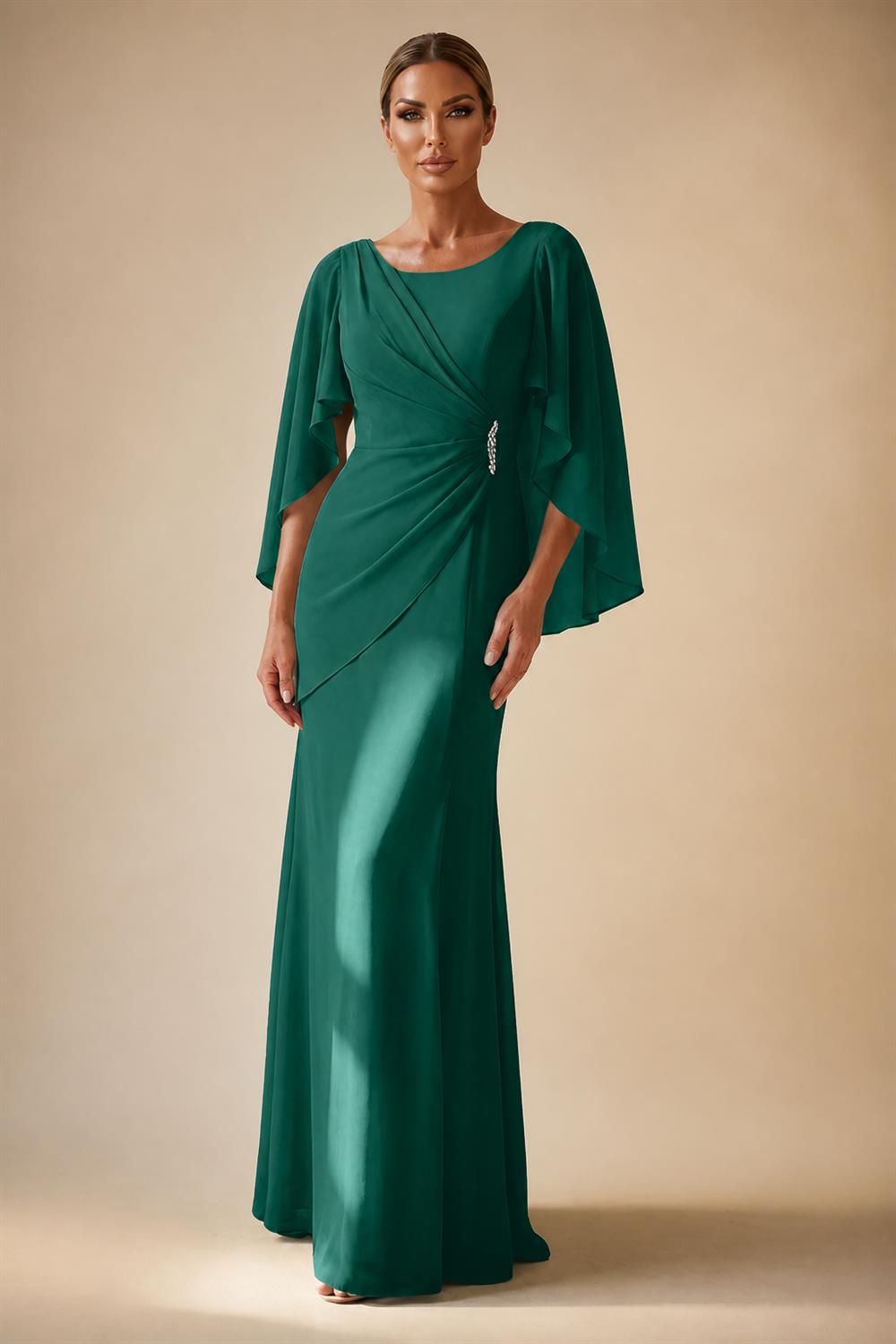 Sheath Chiffon Cape Sleeves Maxi Mother of the Bride & Groom Dresses with Ruched Waist (SHI22500727)