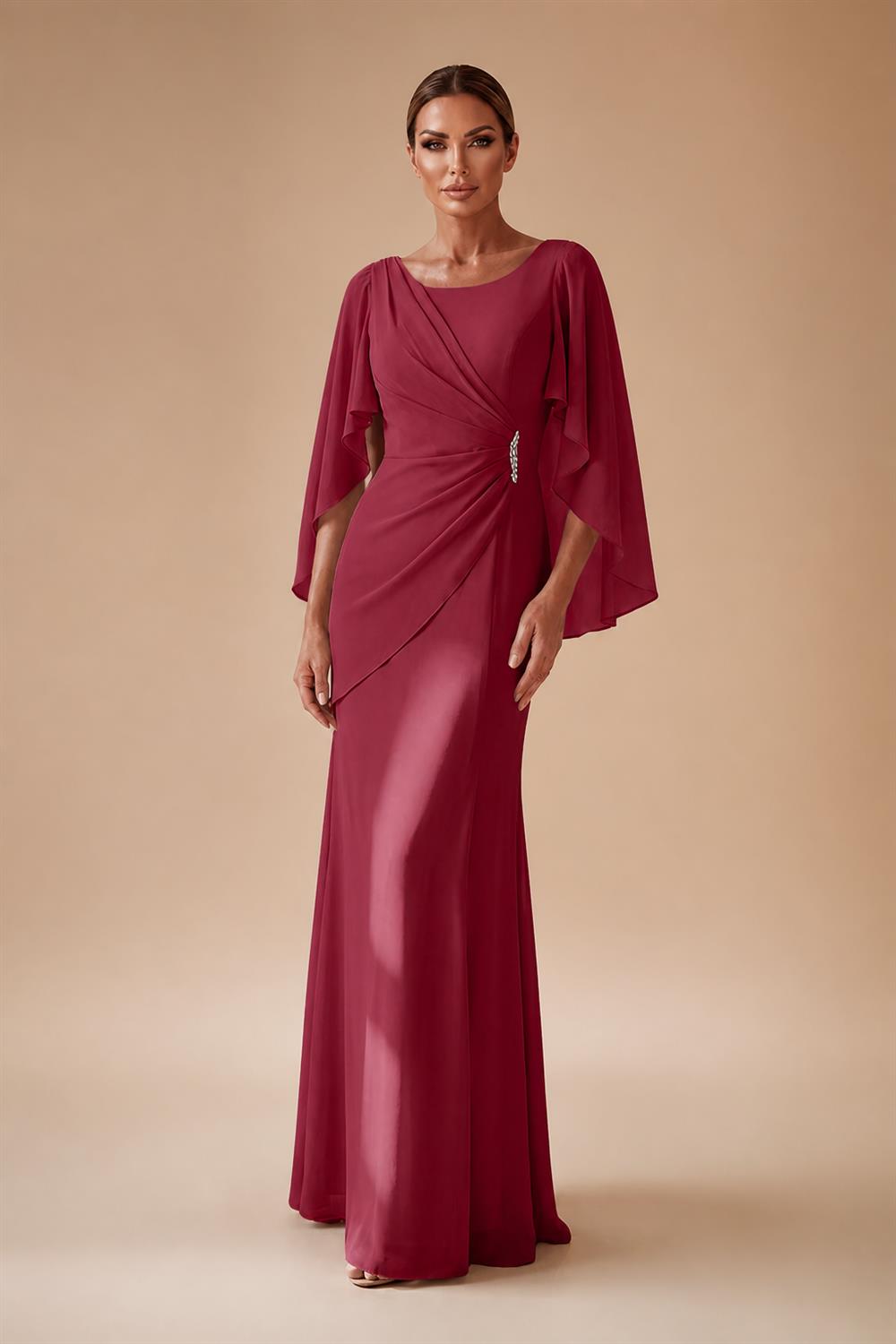 Sheath Chiffon Cape Sleeves Maxi Mother of the Bride & Groom Dresses with Ruched Waist (SHI22500727)