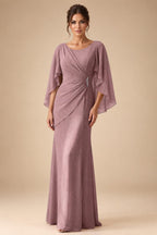 Sheath Chiffon Cape Sleeves Maxi Mother of the Bride & Groom Dresses with Ruched Waist (SHI22500727)