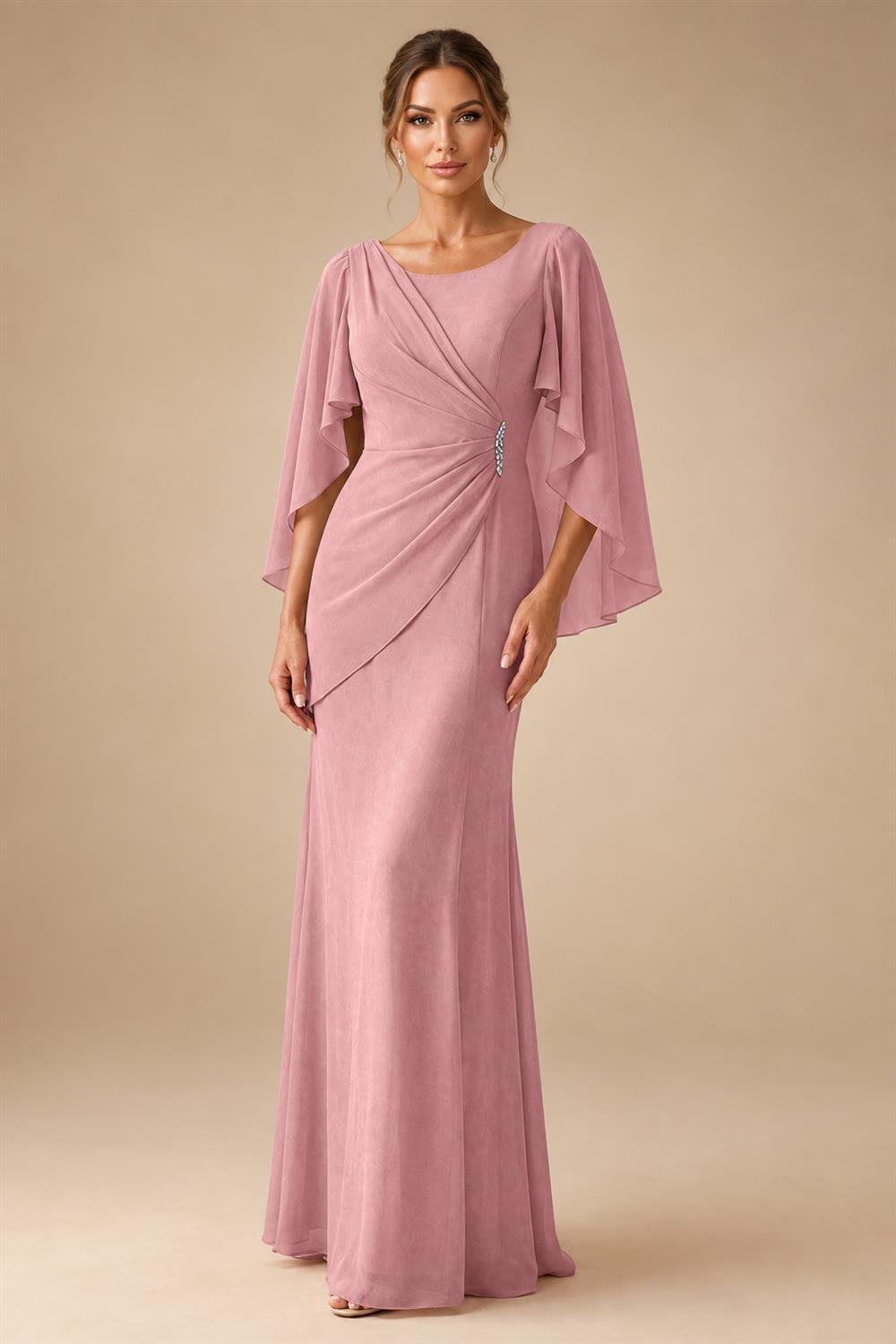 Sheath Chiffon Cape Sleeves Maxi Mother of the Bride & Groom Dresses with Ruched Waist (SHI22500727)