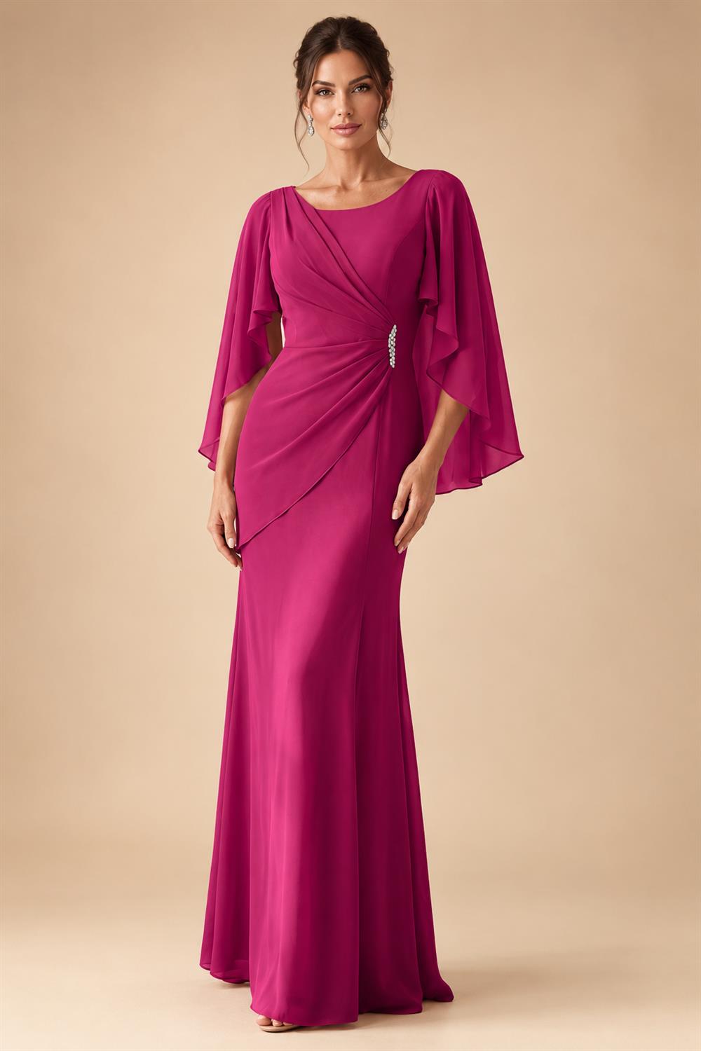 Sheath Chiffon Cape Sleeves Maxi Mother of the Bride & Groom Dresses with Ruched Waist (SHI22500727)