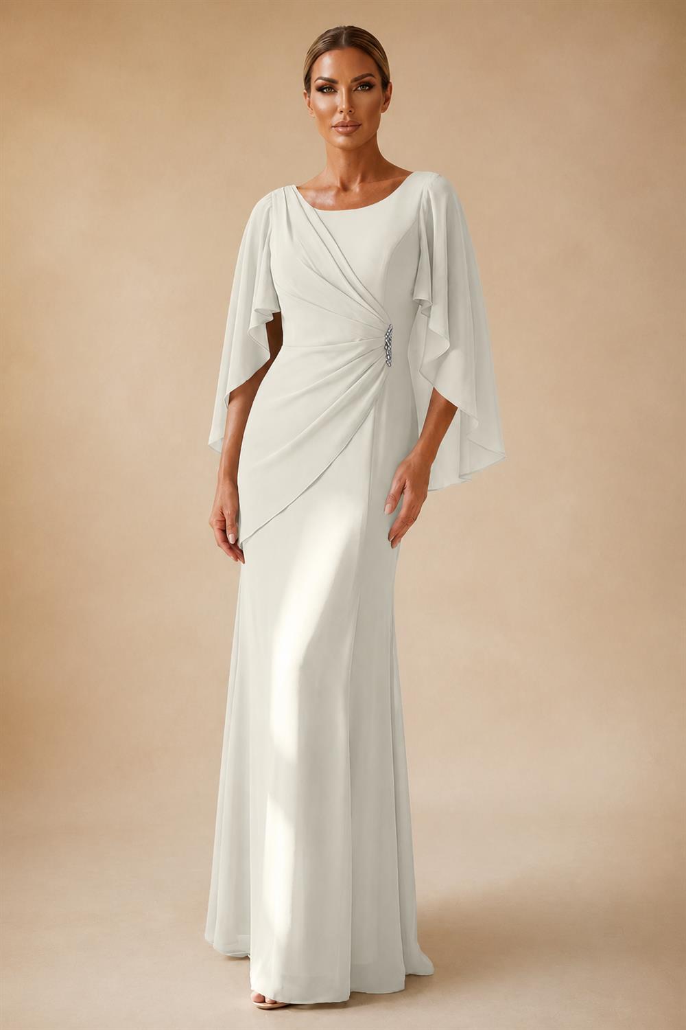 Sheath Chiffon Cape Sleeves Maxi Mother of the Bride & Groom Dresses with Ruched Waist (SHI22500727)