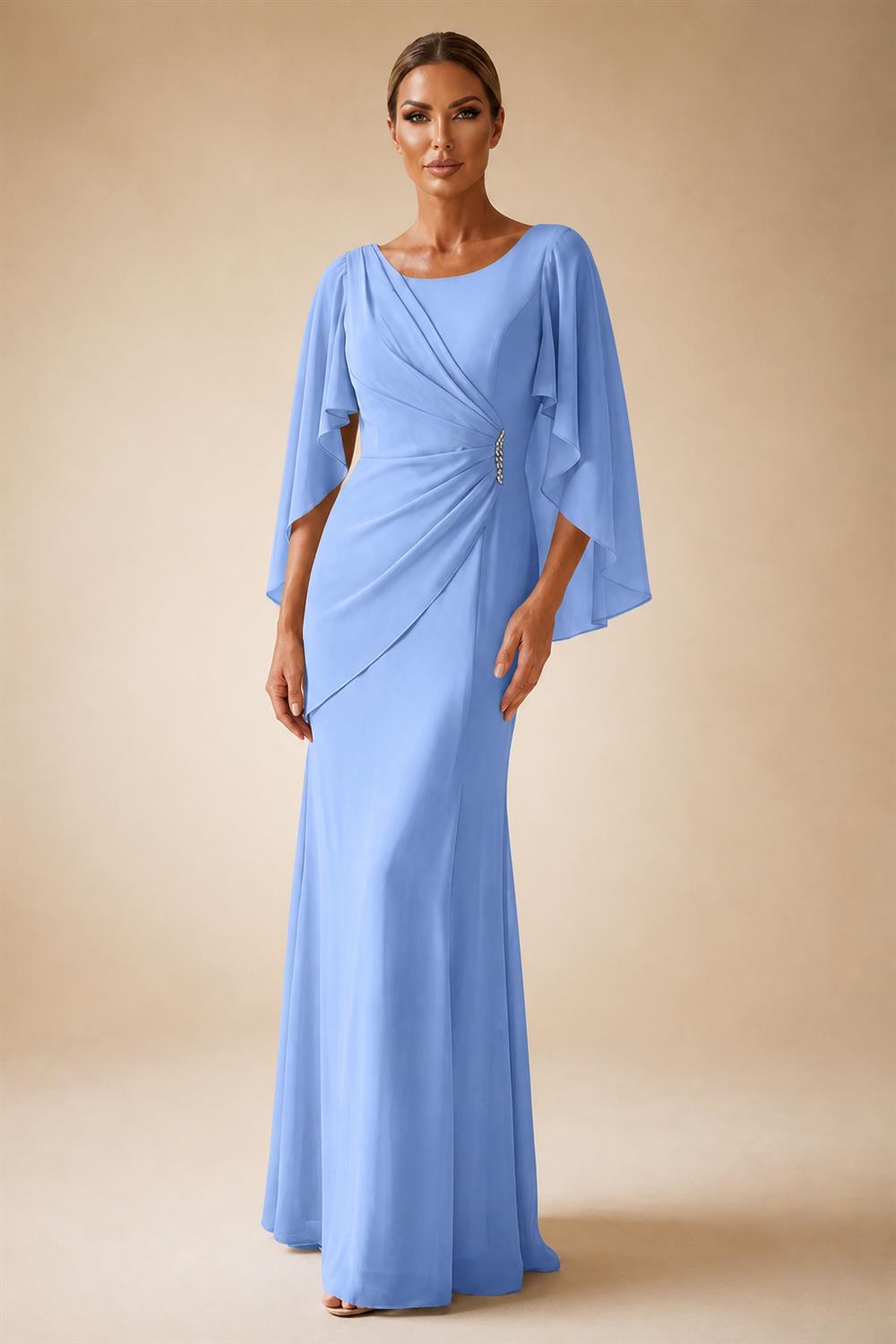 Sheath Chiffon Cape Sleeves Maxi Mother of the Bride & Groom Dresses with Ruched Waist (SHI22500727)