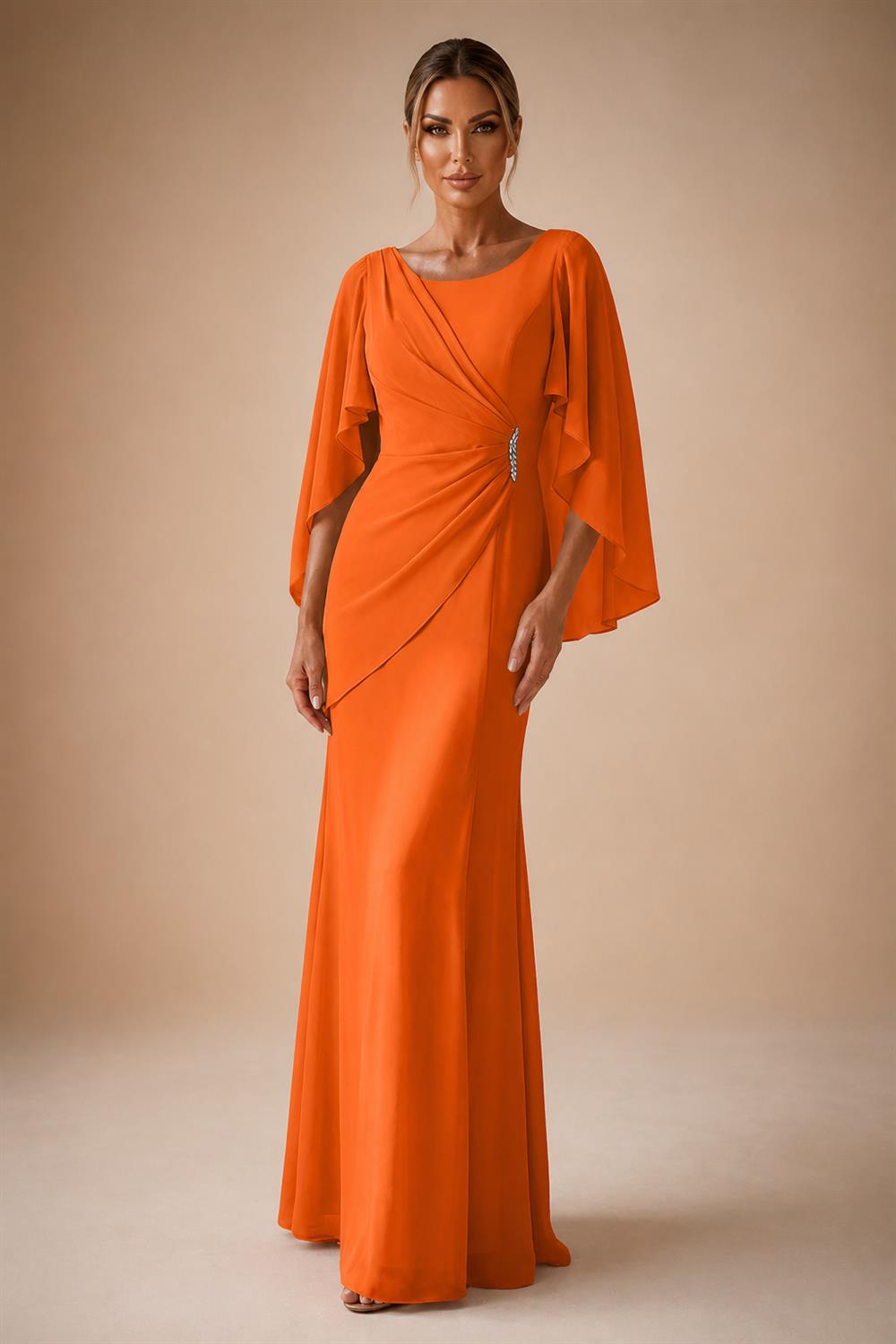 Sheath Chiffon Cape Sleeves Maxi Mother of the Bride & Groom Dresses with Ruched Waist (SHI22500727)