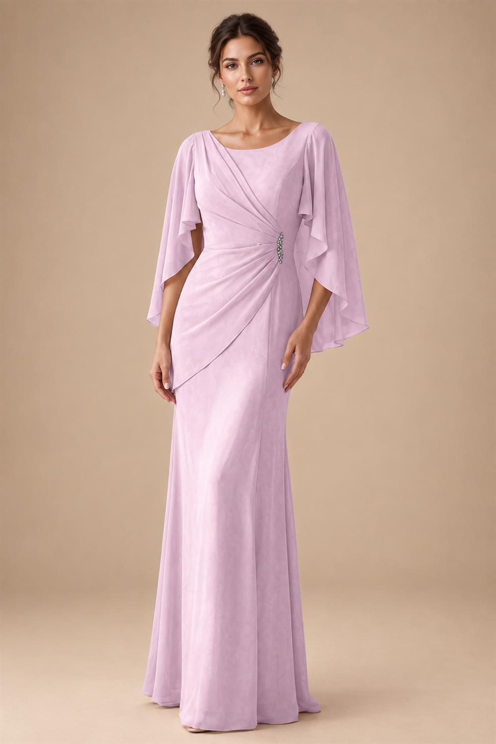 Sheath Chiffon Cape Sleeves Maxi Mother of the Bride & Groom Dresses with Ruched Waist (SHI22500727)