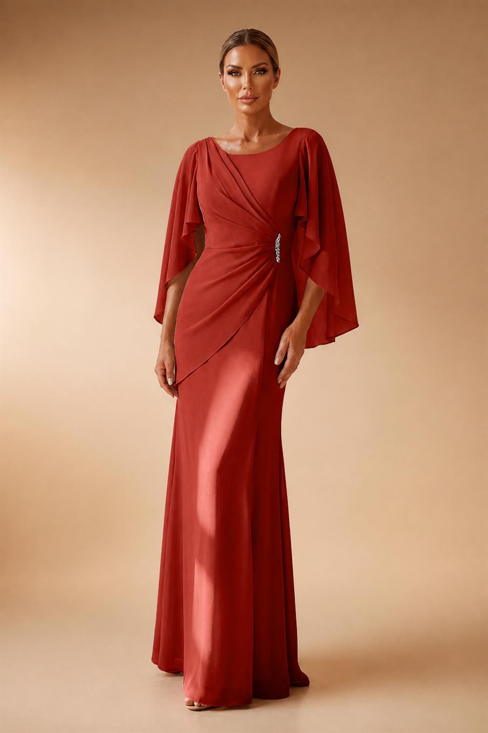 Sheath Chiffon Cape Sleeves Maxi Mother of the Bride & Groom Dresses with Ruched Waist (SHI22500727)