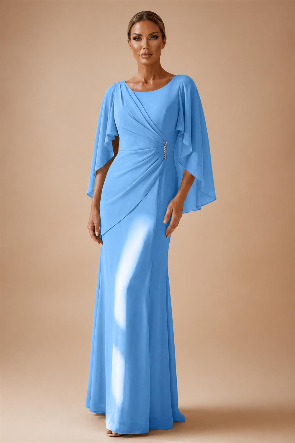Sheath Chiffon Cape Sleeves Maxi Mother of the Bride & Groom Dresses with Ruched Waist (SHI22500727)