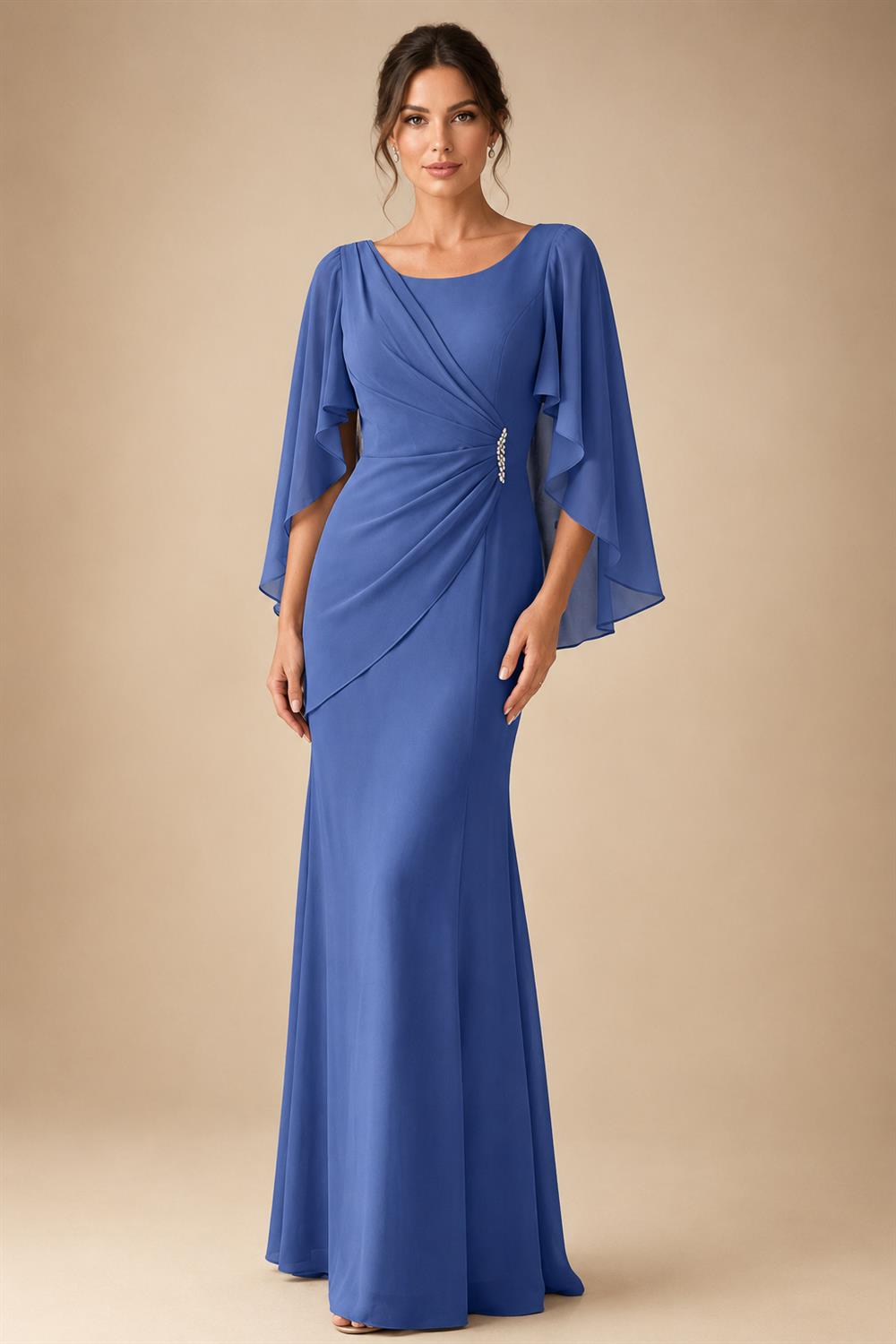Sheath Chiffon Cape Sleeves Maxi Mother of the Bride & Groom Dresses with Ruched Waist (SHI22500727)