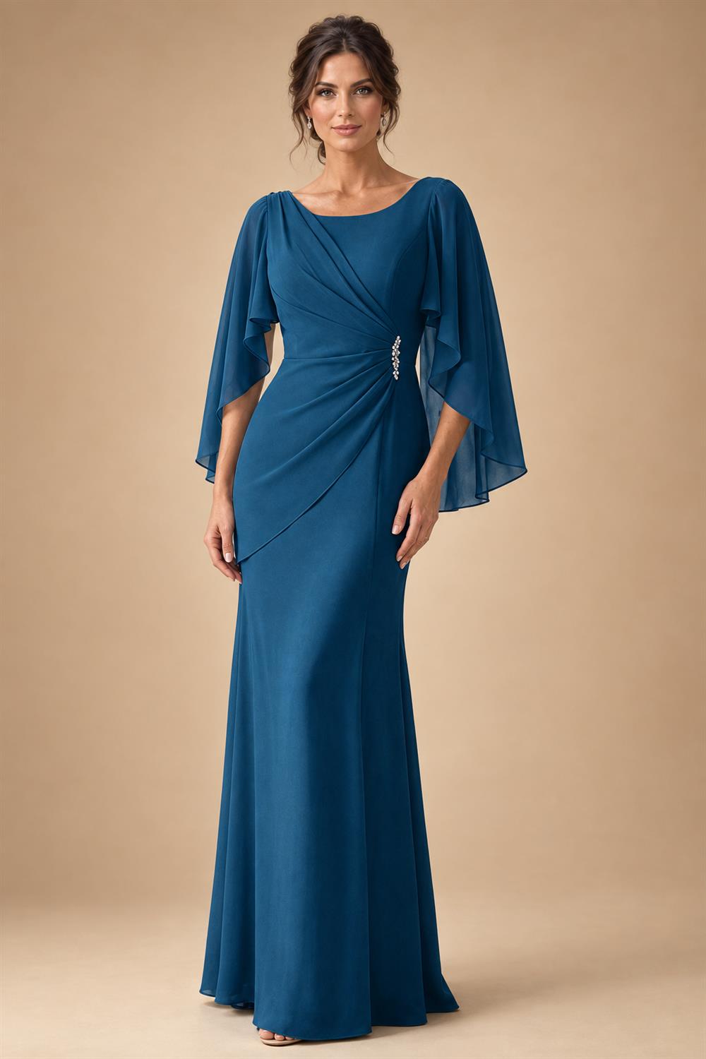 Sheath Chiffon Cape Sleeves Maxi Mother of the Bride & Groom Dresses with Ruched Waist (SHI22500727)