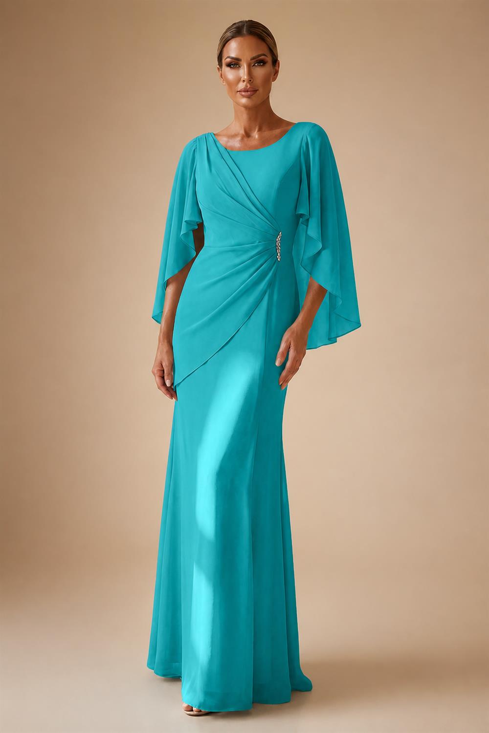 Sheath Chiffon Cape Sleeves Maxi Mother of the Bride & Groom Dresses with Ruched Waist (SHI22500727)