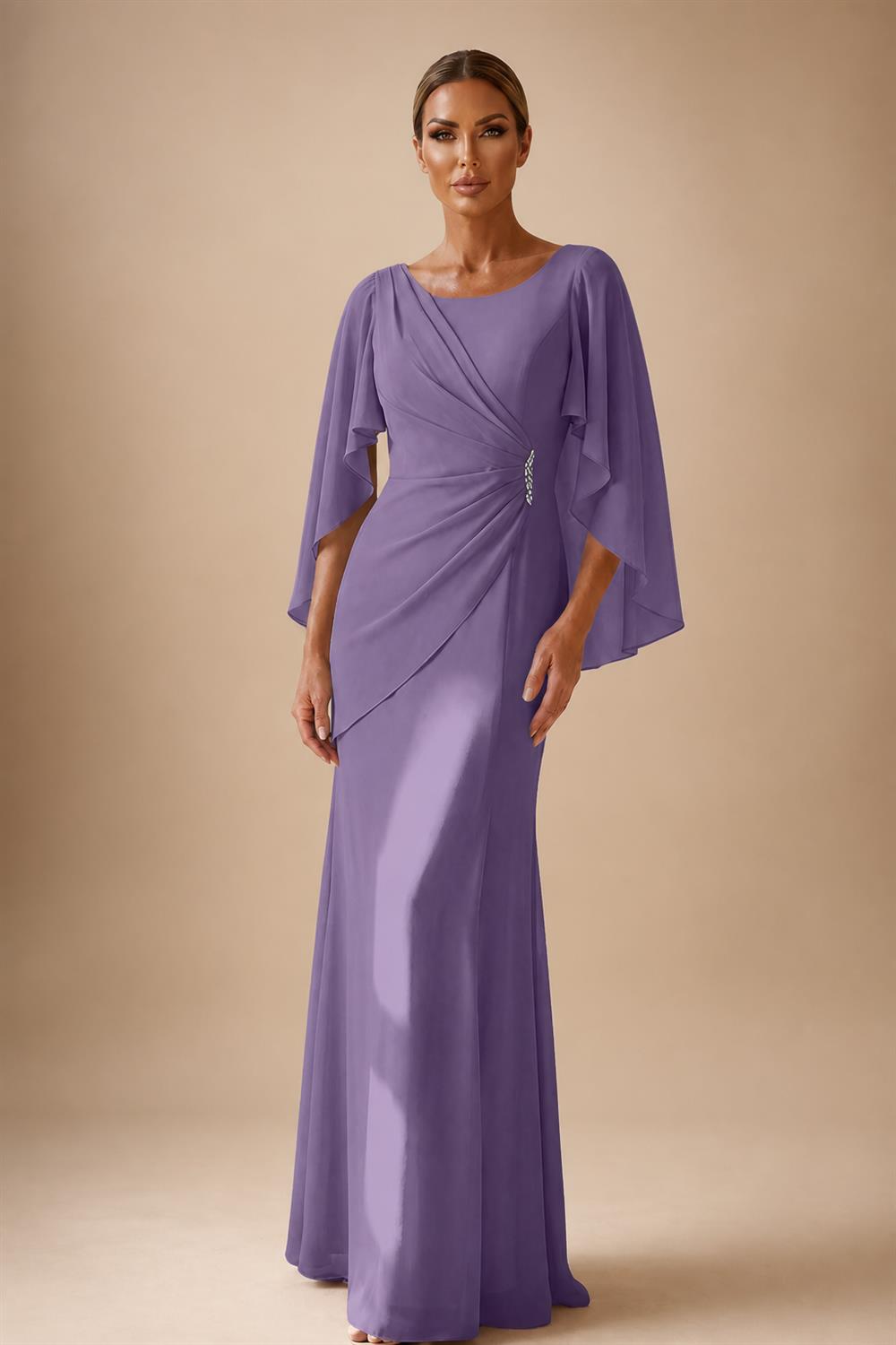 Sheath Chiffon Cape Sleeves Maxi Mother of the Bride & Groom Dresses with Ruched Waist (SHI22500727)