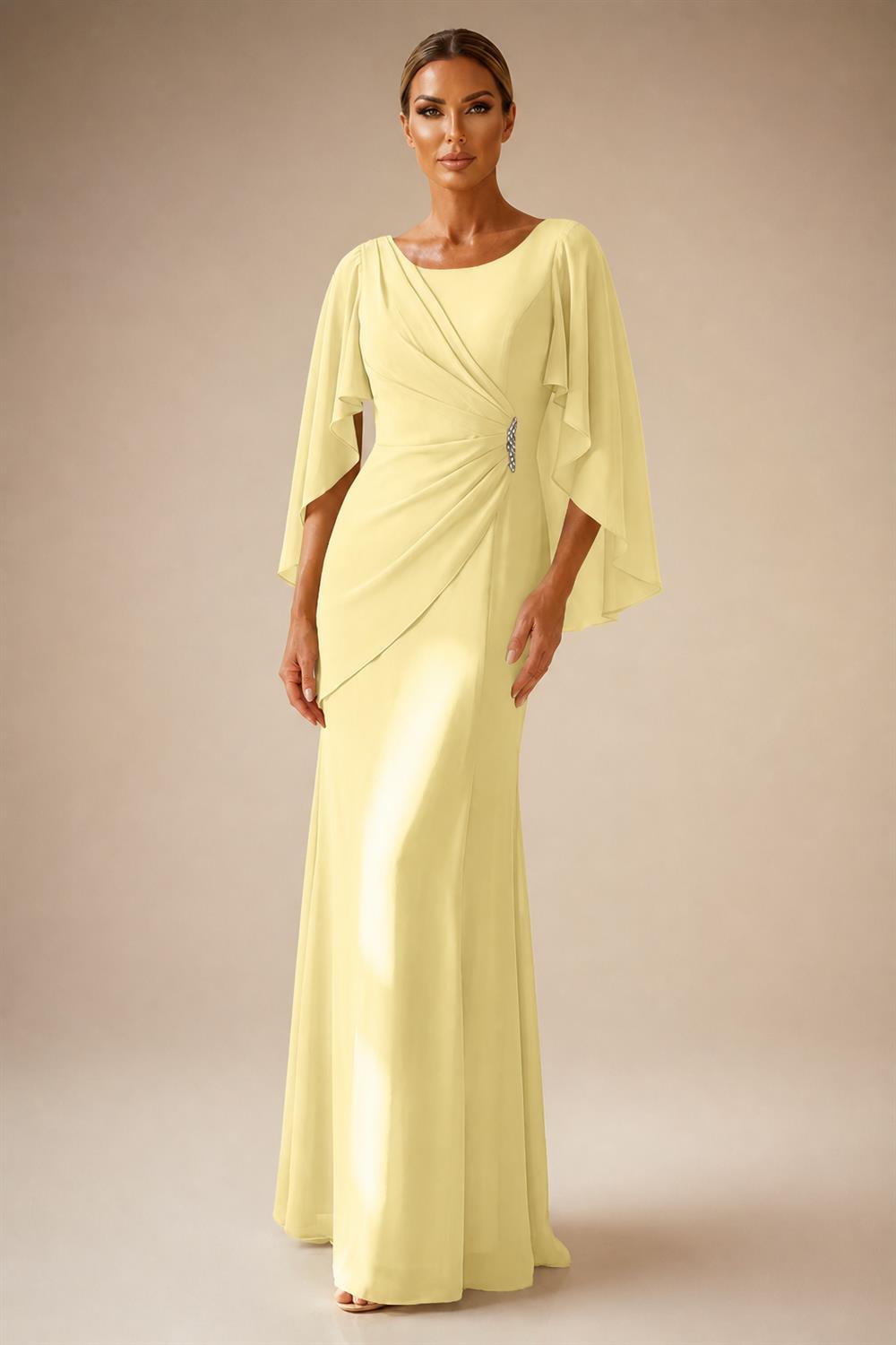 Sheath Chiffon Cape Sleeves Maxi Mother of the Bride & Groom Dresses with Ruched Waist (SHI22500727)