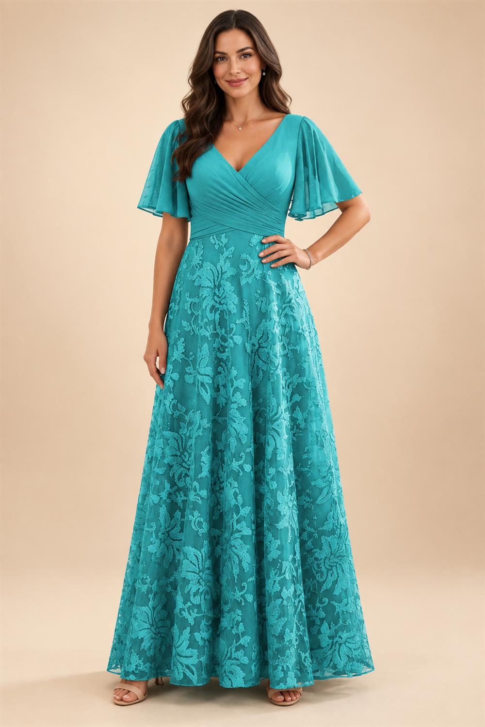 A-Line Lace Appliques Maxi Mother of the Bride & Groom Dresses with Flutter Sleeves Chiffon Bodice (SHI22500731)