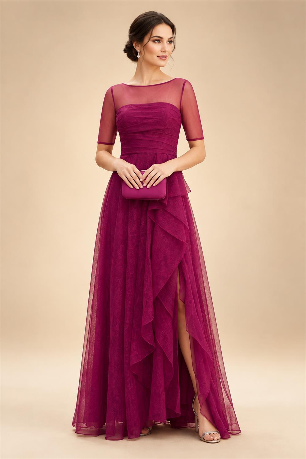 Cape Sleeve Jacquard Satin Ruched Mother of the Bride Dresses (SHI22500526)