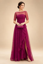 Cape Sleeve Jacquard Satin Ruched Mother of the Bride Dresses (SHI22500526)